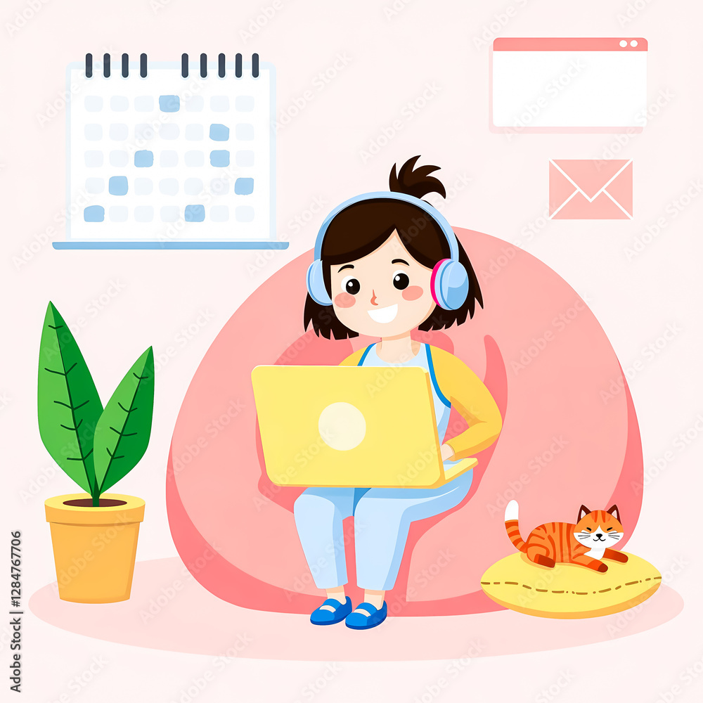 smiling girl using laptop while sitting on a beanbag chair with her cat smiling girl using laptop while sitting on a beanbag chair with her cat