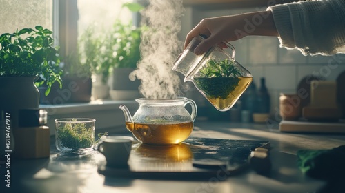 Hair loss in a sunny kitchen, a person brewing herbal tea. Featuring tradition and natural care