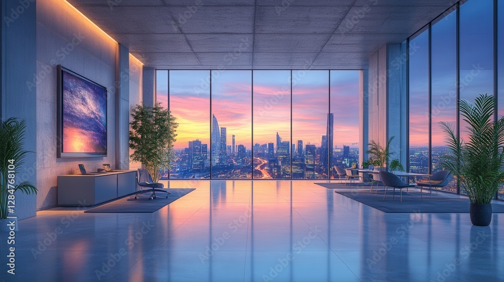 Fototapeta premium Contemporary Office Interior with Stunning City Skyline Views