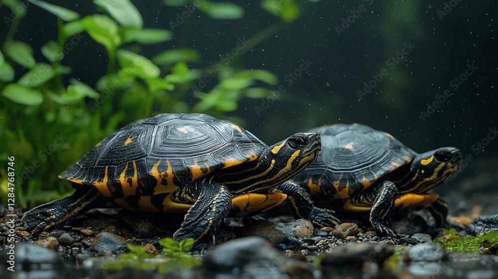 Two yellow-spotted turtles walking on rocks near plants. Two yellow-spotted turtles walking on rocks near plants.