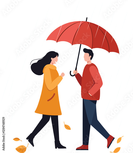 Two people walking under a red umbrella amidst falling leaves in a cheerful and vibrant flat vector illustration