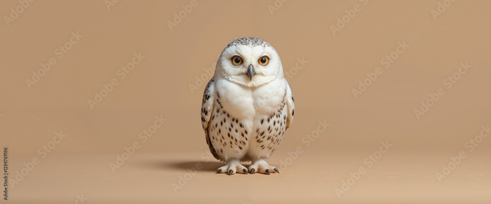 Obraz premium Snowy owl with striking white feathers and black spots exuding a serene yet curious demeanor while standing against a smooth beige background