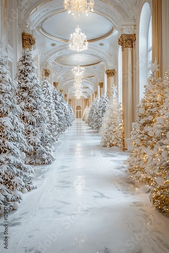 Elegant Christmas corridor with decorated trees and white pathway in a luxurious hall
