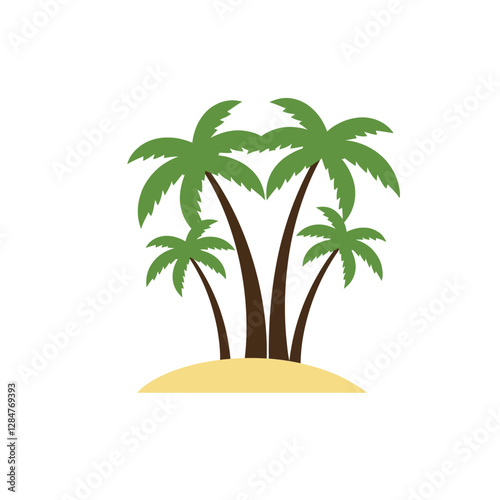 Three tall palm trees with vibrant green fronds on a sandy beach, minimalistic design style showcasing tropical paradise, vector illustration