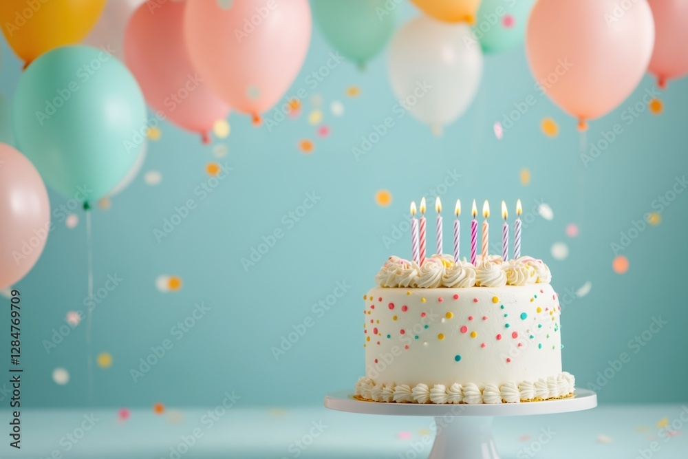 Birthday Cake with Lit Candles and Balloons in the blue Background. A beautifully decorated birthday cake with lit candles, surrounded by pastel balloons and confetti for a festive atmosphere Birthday Cake with Lit Candles and Balloons in the blue Background. A beautifully decorated birthday cake with lit candles, surrounded by pastel balloons and confetti for a festive atmosphere