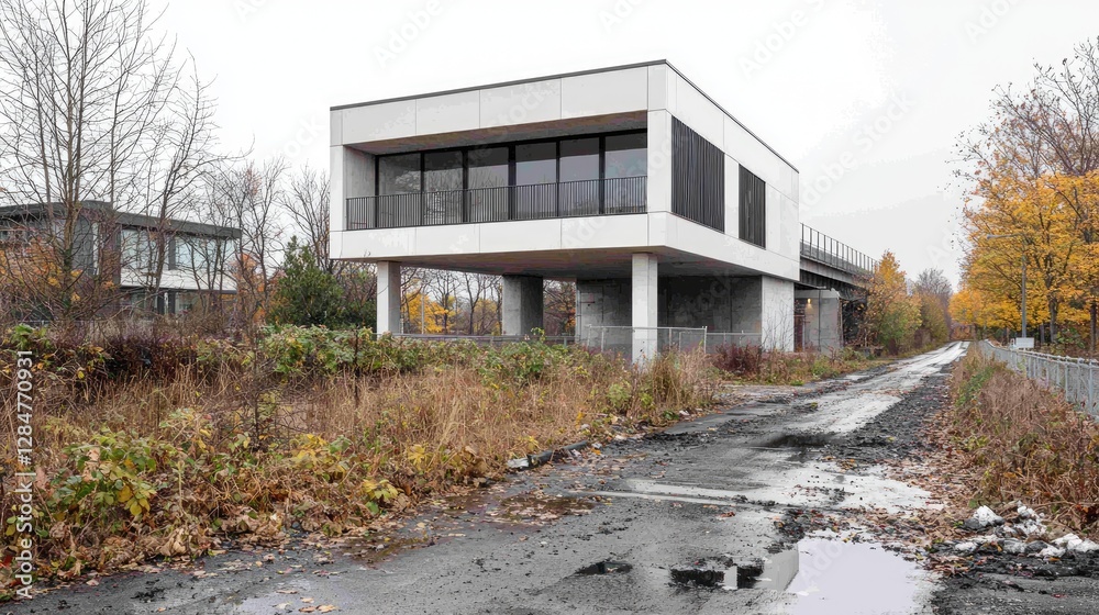 Modern House Elevated Above Unpaved Road, Autumn Landscape Background. Possible Use Stock photo for architectural design, real estate, or landscape photography Modern House Elevated Above Unpaved Road, Autumn Landscape Background. Possible Use Stock photo for architectural design, real estate, or landscape photography