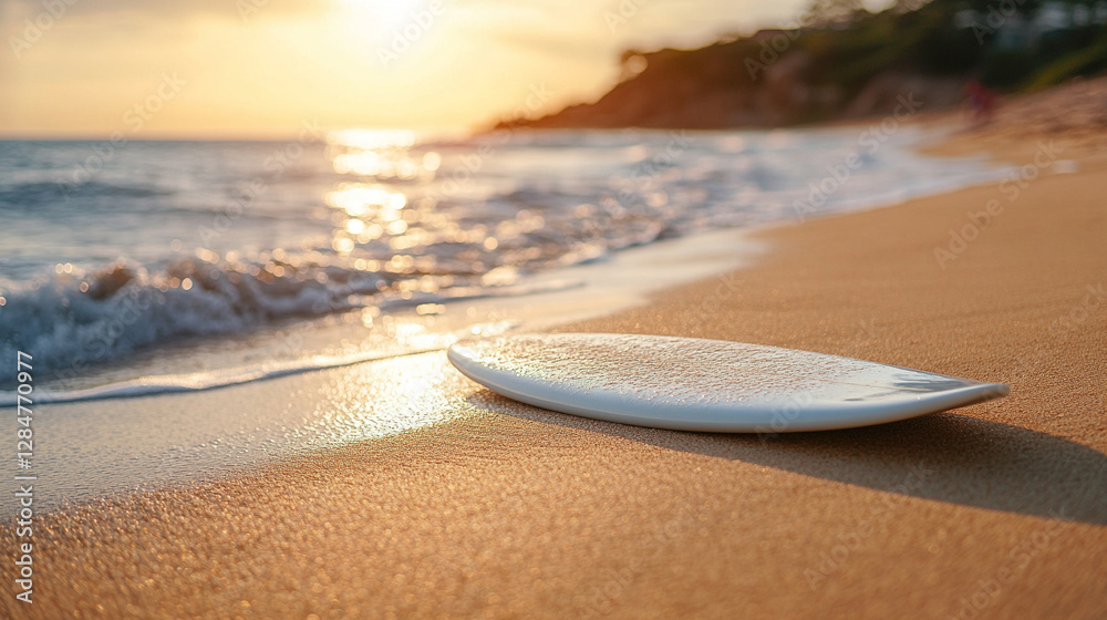 A tranquil beach scene with a beige, white, and gray surfboard standing in the sand, symbolizing peace, freedom, and adventure, under a calm sky, evoking a sense of modern serenity A tranquil beach scene with a beige, white, and gray surfboard standing in the sand, symbolizing peace, freedom, and adventure, under a calm sky, evoking a sense of modern serenity