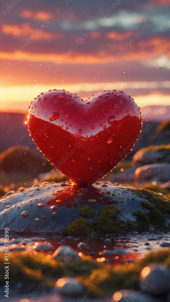 Fototapeta premium A captivating red heart, adorned with dewdrops, rests on a mossy stone as the sun sets, casting a warm glow over a serene landscape.