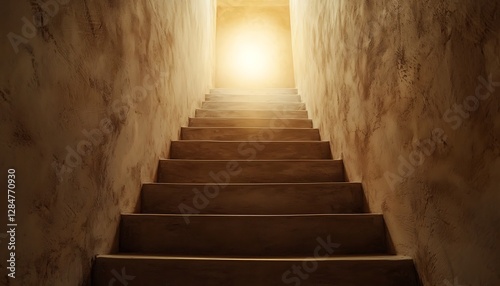 Elegant concrete staircase leading to a bright light in a minimalist indoor space