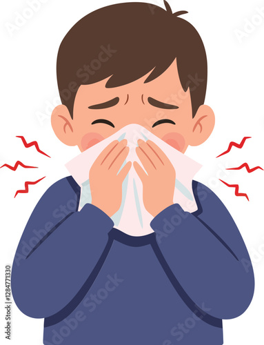 A young boy with a sad expression sneezing into a tissue in flat vector art style, conveying feelings of discomfort and illness in a simple design