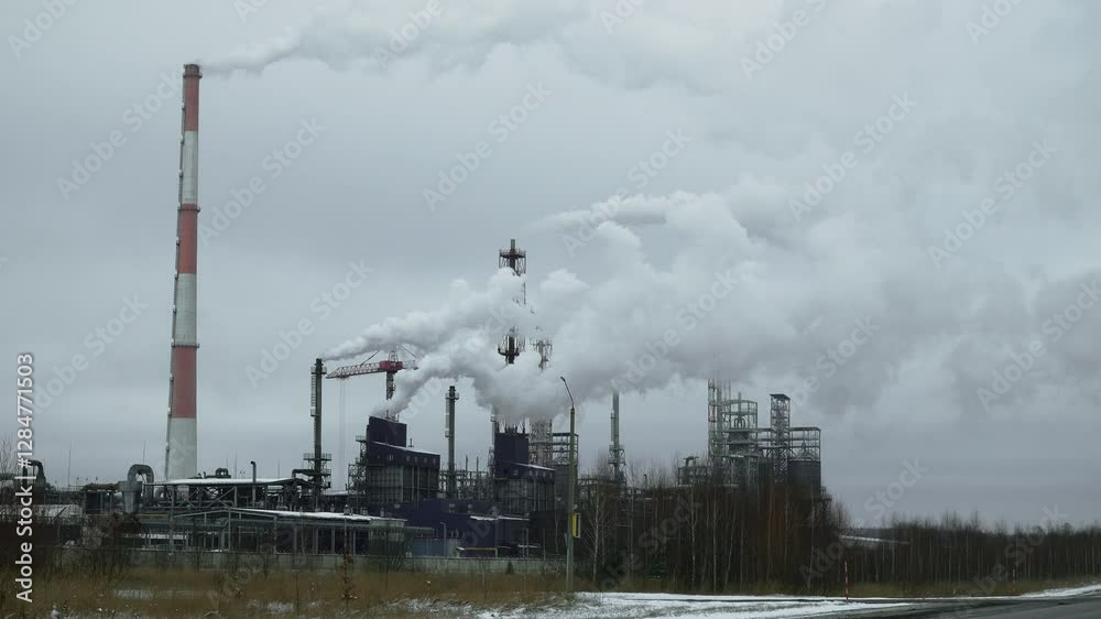 Billowing white smoke rising from multiple factory chimneys, creating dense plumes against gloomy winter sky, illustrating industrial emissions and environmental impact Billowing white smoke rising from multiple factory chimneys, creating dense plumes against gloomy winter sky, illustrating industrial emissions and environmental impact