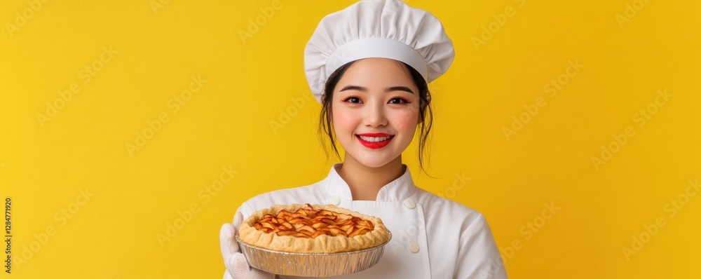Young female chef holding apple pie against yellow background, smiling happily in uniform Young female chef holding apple pie against yellow background, smiling happily in uniform