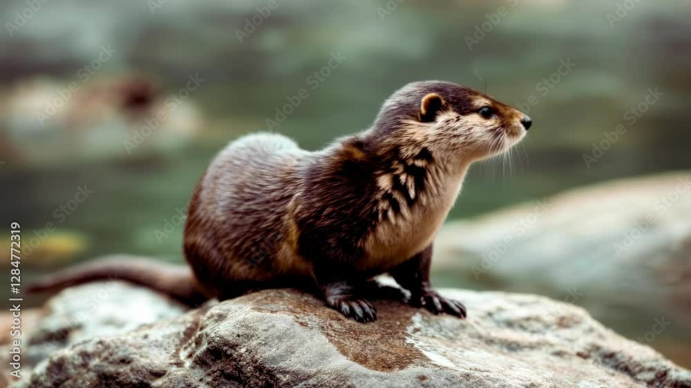 Adorable River Otter Resting on Rock by Calm Waters in Nature Adorable River Otter Resting on Rock by Calm Waters in Nature