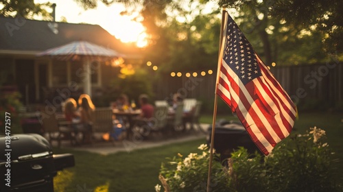 Family Gathering at Sunset with American Flag in Backyard