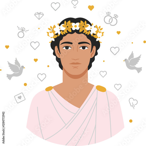 A young man wearing a floral crown and toga surrounded by hearts and doves in a minimal vector illustration