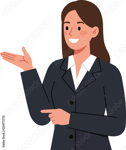A confident businesswoman in a black suit gestures positively while smiling in a minimalist flat vector illustration showcasing professionalism and approachability in a workplace setting vector art