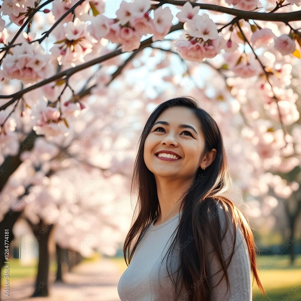 Una hermosa mujer viendo florecer cereza. Está sonriendo. Una hermosa mujer viendo florecer cereza. Está sonriendo.