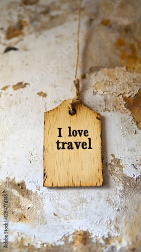 A small wooden label with the words 