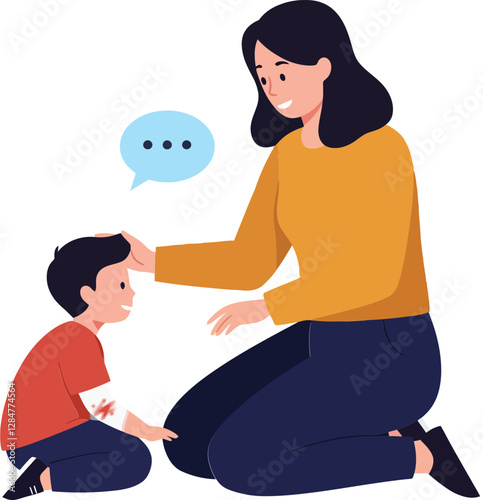 Caring mother kneeling to comfort her son with a scraped knee in flat vector art style illustrating empathy and nurturing bond