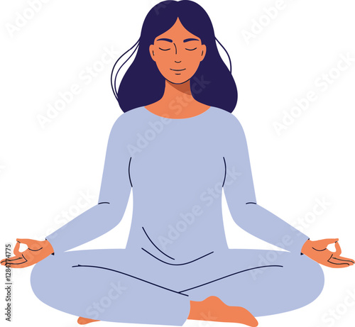 A serene woman meditating in a light blue outfit with peaceful expression in a flat vector illustration design reflecting calmness and mindfulness in a tranquil setting vector art