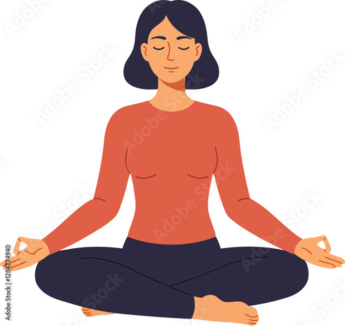 A woman practicing yoga in a serene pose with a peaceful expression in a minimal style vector art