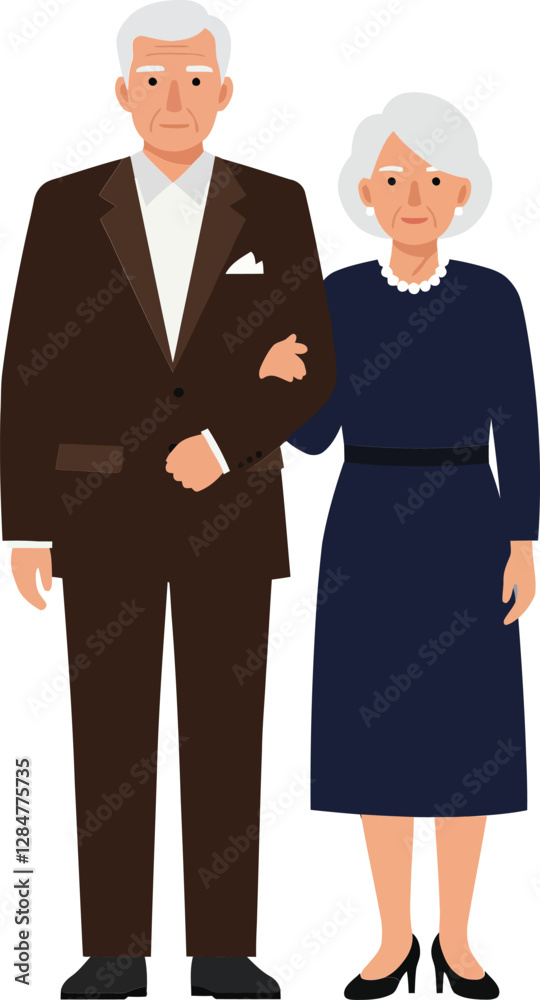 Elderly couple standing together in a loving embrace, dressed elegantly in minimal flat design vector art