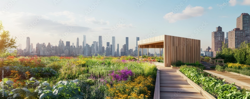 Fototapeta premium Rooftop garden overlooking urban cityscape with wooden deck and colorful flowers