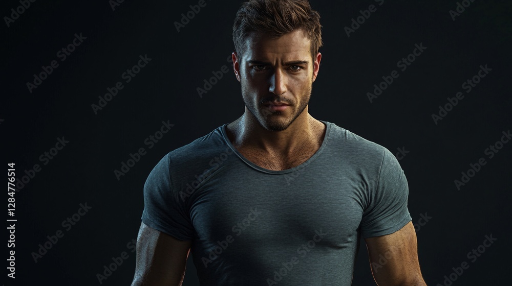 Intense Portrait of a Muscular Man with a Serious Expression Against a Dark Background Intense Portrait of a Muscular Man with a Serious Expression Against a Dark Background
