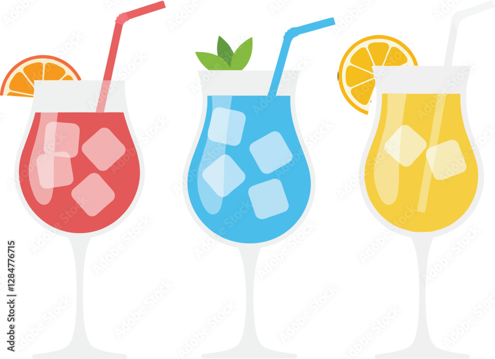 Three colorful cocktails in elegant glasses, featuring flat design style and vibrant hues, showcasing refreshing summer beverages in vector illustration