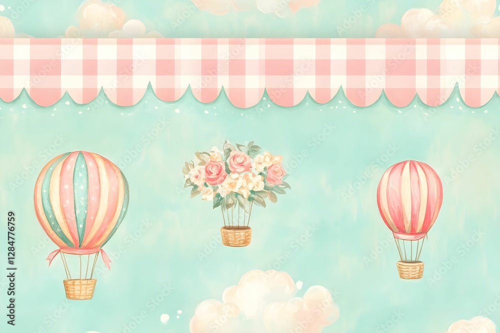 Naklejka premium Seamless watercolor hot air balloons border