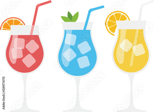 Obraz na płótnie Three colorful cocktails in elegant glasses, featuring flat design style and vibrant hues, showcasing refreshing summer beverages in vector illustration w salonie