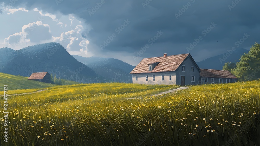 Serene countryside scene with a farmhouse amidst vibrant fields and distant mountains under cloudy skies Serene countryside scene with a farmhouse amidst vibrant fields and distant mountains under cloudy skies