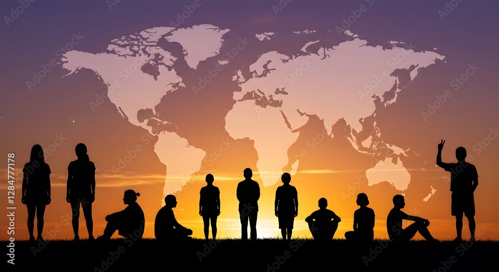 Fototapeta premium Silhouetted Children Standing Before a World Map at Sunset – Global Unity and Future Generations Concept