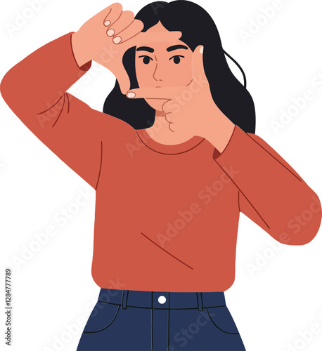 A young woman in a red sweater framing an imaginary scene with her hands in a minimal flat design vector illustration