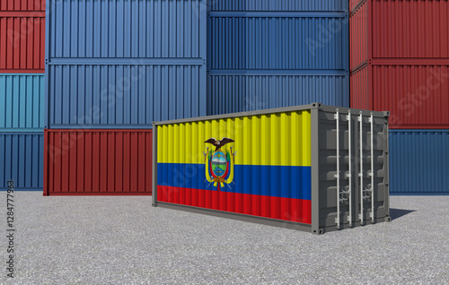 Ecuador Flag on a shipping container in a container yard - 3D Illustration