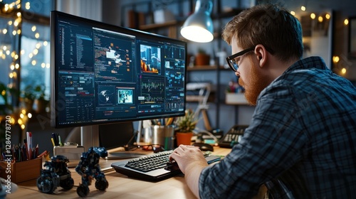 High-angle view portrait of a focused geek guy typing a bug track report in a modern industrial work station.