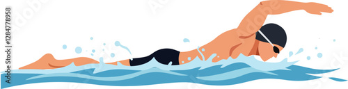 A focused swimmer performing freestyle stroke in a serene pool, showcasing flat design style, dynamic water splash, and energetic movement in vector art