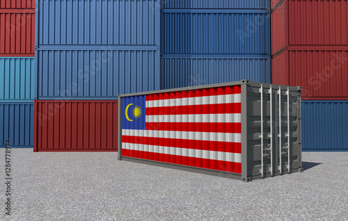 Malaysia Flag on a shipping container in a container yard - 3D Illustration