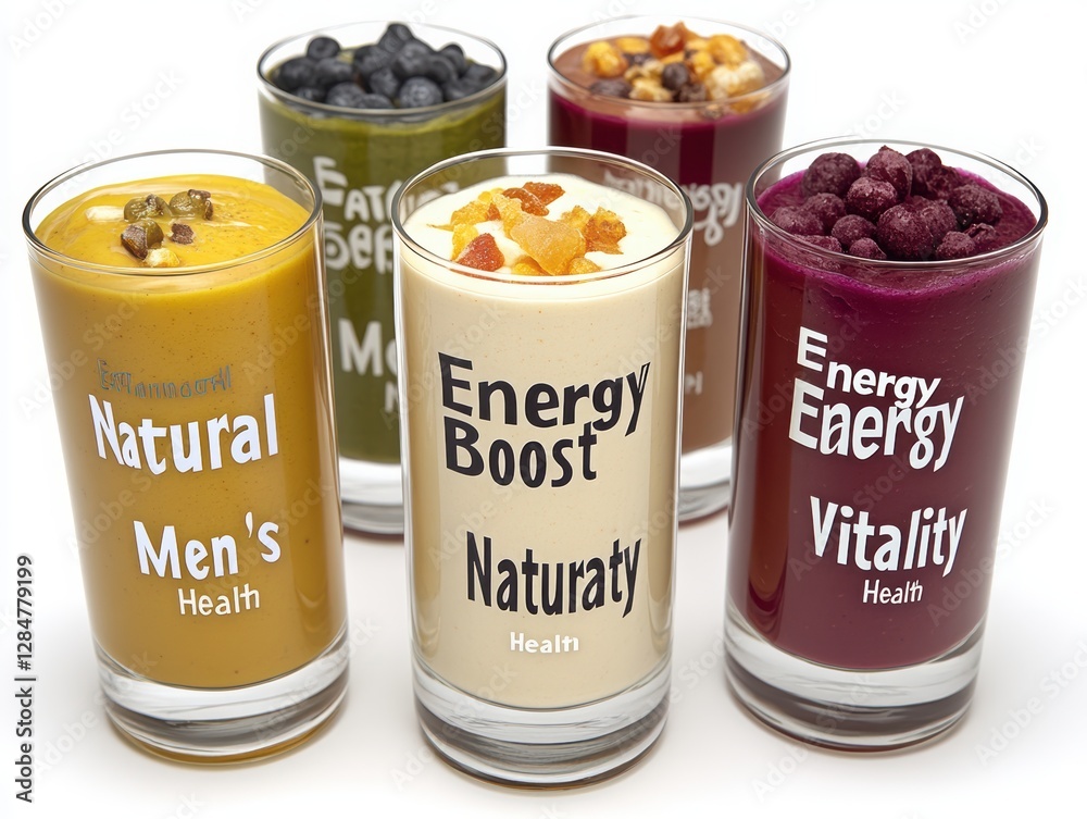 Photo of a health drink in a transparent glass with a label for energy Photo of a health drink in a transparent glass with a label for energy