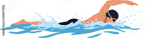 A swimmer in motion showcasing determination and skill in a flat vector illustration, creating dynamic waves in the water during an energetic lap session vector art