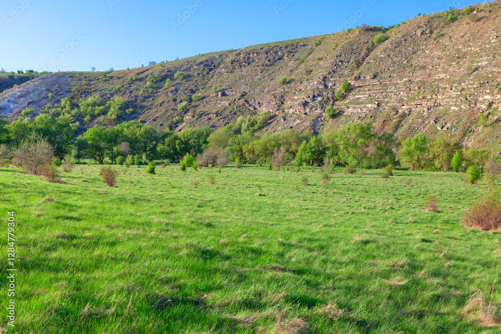 Lush green meadow stretches beneath a backdrop of rugged, layered hills. Open field with vibrant green grass, framed by a line of trees and a sloping hillside