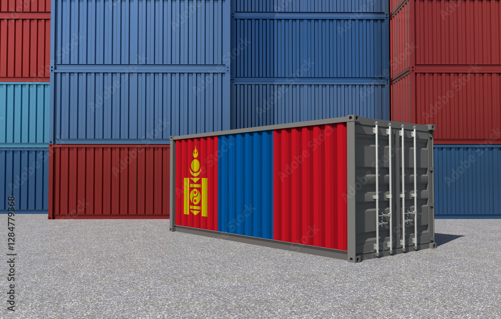 Fototapeta premium Mongolia Flag on a shipping container in a container yard - 3D Illustration