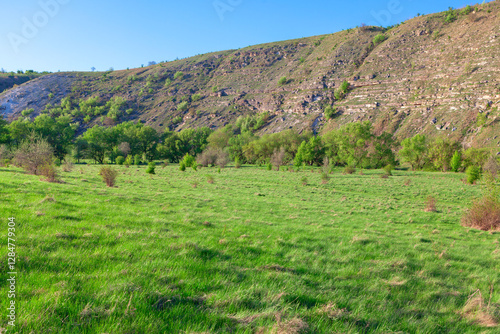 Lush green meadow stretches beneath a backdrop of rugged, layered hills. Open field with vibrant green grass, framed by a line of trees and a sloping hillside
