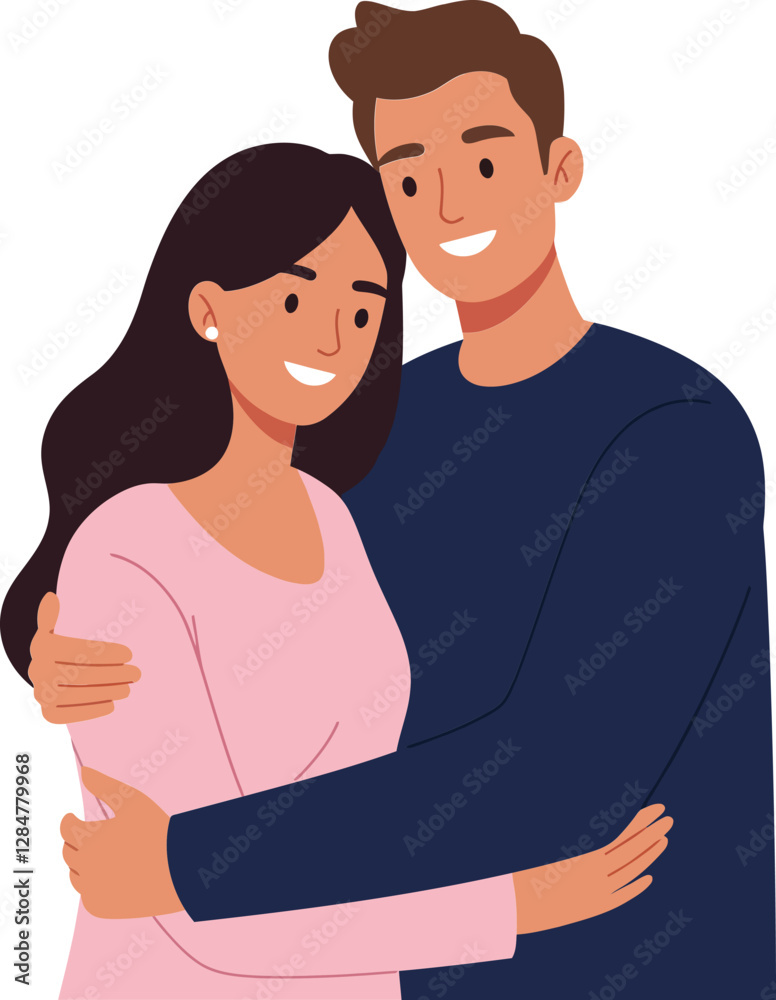 Obraz premium A cheerful couple embracing each other with love in a flat design style, showcasing warmth and connection in vector art