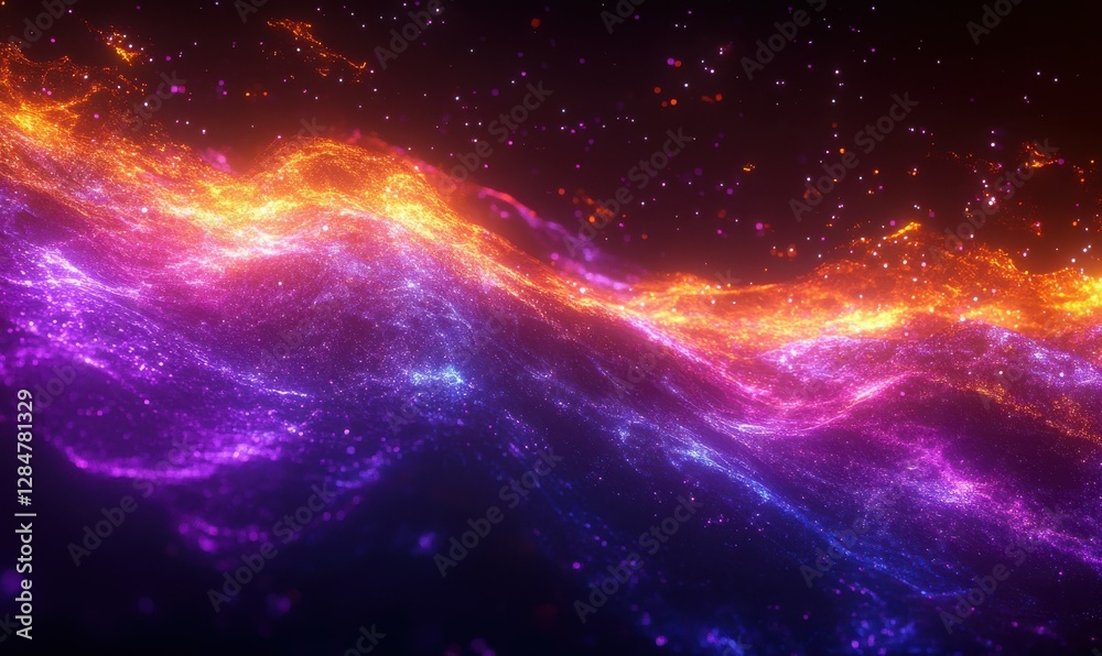 Fototapeta premium Abstract glowing light beams forming a cosmic wave of vibrant purples, oranges, and blues against a black backdrop