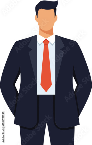 Professional businessman in a sleek suit with a red tie showcasing confidence in a flat design vector illustration