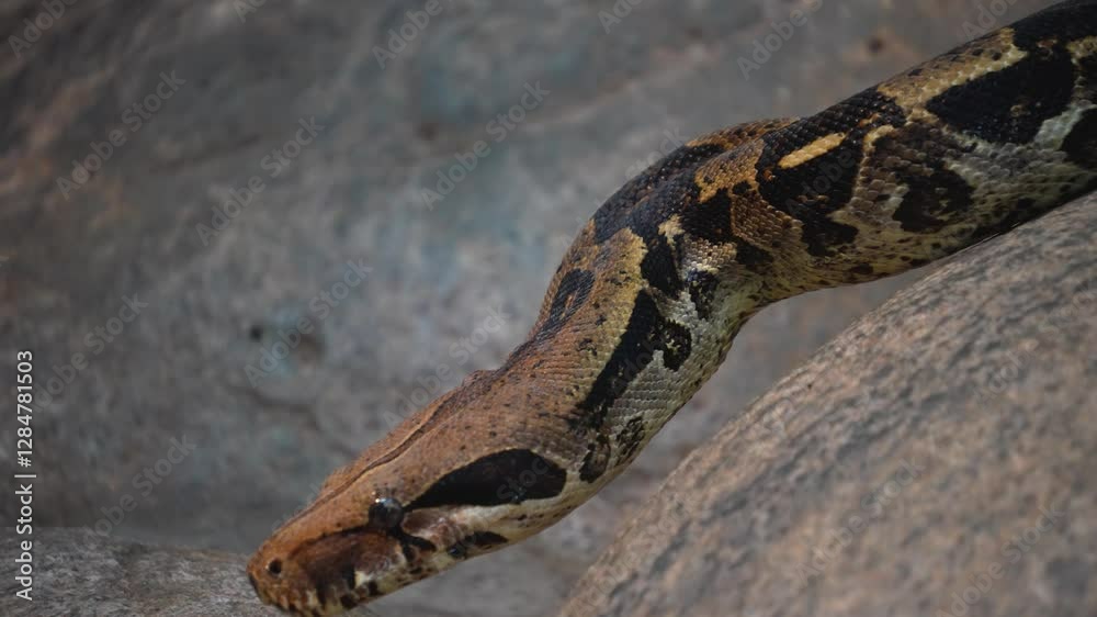 Close up of Python or boa snake head crawling along with the tongue coming out Close up of Python or boa snake head crawling along with the tongue coming out