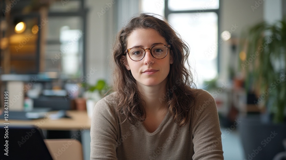 Captured in a contemporary workspace, this portrait features a young European female software developer exuding creativity and professionalism. Captured in a contemporary workspace, this portrait features a young European female software developer exuding creativity and professionalism.