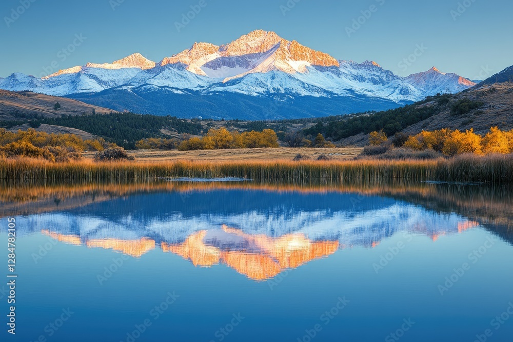 Sunrise paints a snow-capped mountain range reflected in a still lake, autumn colors in the foreground. Sunrise paints a snow-capped mountain range reflected in a still lake, autumn colors in the foreground.