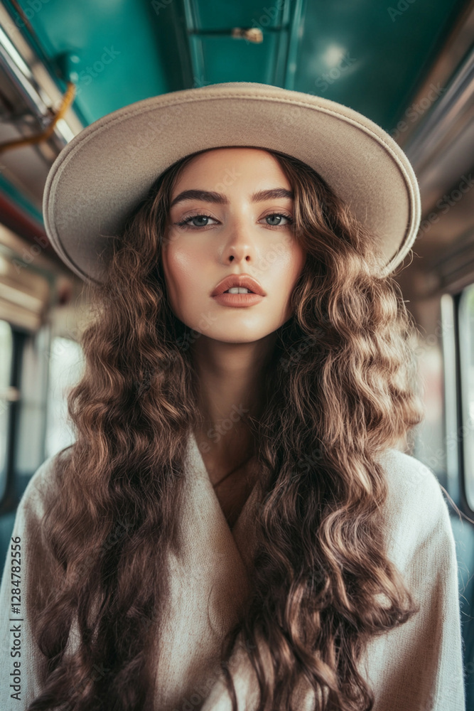 Woman with long curled locks and wide-brimmed hat on the background of a retro train car Woman with long curled locks and wide-brimmed hat on the background of a retro train car